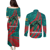 Grenada Sea Turtle Couples Matching Puletasi and Long Sleeve Button Shirt with Red Wave Stripes and Ocean Water Background - Wonder Print Shop