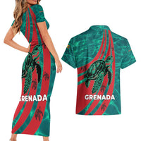 Grenada Sea Turtle Couples Matching Short Sleeve Bodycon Dress and Hawaiian Shirt with Red Wave Stripes and Ocean Water Background - Wonder Print Shop
