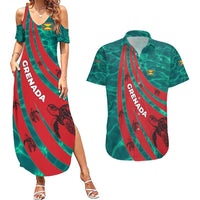 Grenada Sea Turtle Couples Matching Summer Maxi Dress and Hawaiian Shirt with Red Wave Stripes and Ocean Water Background - Wonder Print Shop