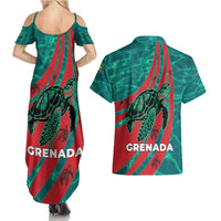 Grenada Sea Turtle Couples Matching Summer Maxi Dress and Hawaiian Shirt with Red Wave Stripes and Ocean Water Background - Wonder Print Shop