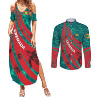 Grenada Sea Turtle Couples Matching Summer Maxi Dress and Long Sleeve Button Shirt with Red Wave Stripes and Ocean Water Background - Wonder Print Shop