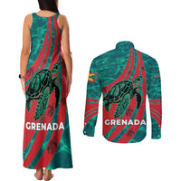 Grenada Sea Turtle Couples Matching Tank Maxi Dress and Long Sleeve Button Shirt with Red Wave Stripes and Ocean Water Background - Wonder Print Shop