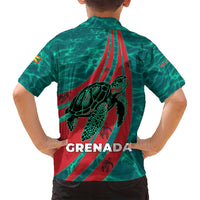 Grenada Sea Turtle Family Matching Long Sleeve Bodycon Dress and Hawaiian Shirt with Red Wave Stripes and Ocean Water Background - Wonder Print Shop