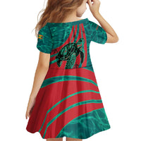 Grenada Sea Turtle Family Matching Long Sleeve Bodycon Dress and Hawaiian Shirt with Red Wave Stripes and Ocean Water Background - Wonder Print Shop