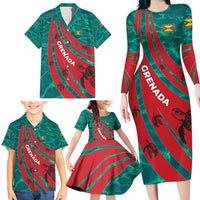 Grenada Sea Turtle Family Matching Long Sleeve Bodycon Dress and Hawaiian Shirt with Red Wave Stripes and Ocean Water Background - Wonder Print Shop