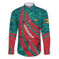 Grenada Sea Turtle Family Matching Long Sleeve Bodycon Dress and Hawaiian Shirt with Red Wave Stripes and Ocean Water Background - Wonder Print Shop