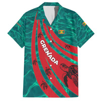 Grenada Sea Turtle Family Matching Off The Shoulder Long Sleeve Dress and Hawaiian Shirt with Red Wave Stripes and Ocean Water Background - Wonder Print Shop