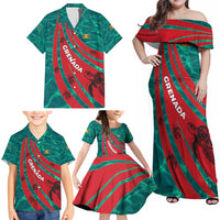 Grenada Sea Turtle Family Matching Off Shoulder Maxi Dress and Hawaiian Shirt with Red Wave Stripes and Ocean Water Background - Wonder Print Shop
