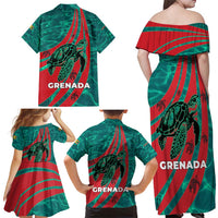 Grenada Sea Turtle Family Matching Off Shoulder Maxi Dress and Hawaiian Shirt with Red Wave Stripes and Ocean Water Background - Wonder Print Shop
