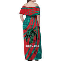 Grenada Sea Turtle Family Matching Off Shoulder Maxi Dress and Hawaiian Shirt with Red Wave Stripes and Ocean Water Background - Wonder Print Shop