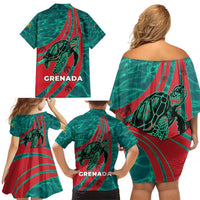 Grenada Sea Turtle Family Matching Off Shoulder Short Dress and Hawaiian Shirt with Red Wave Stripes and Ocean Water Background - Wonder Print Shop