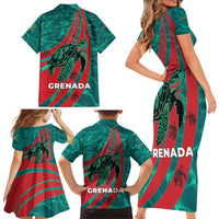 Grenada Sea Turtle Family Matching Short Sleeve Bodycon Dress and Hawaiian Shirt with Red Wave Stripes and Ocean Water Background - Wonder Print Shop