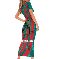 Grenada Sea Turtle Family Matching Short Sleeve Bodycon Dress and Hawaiian Shirt with Red Wave Stripes and Ocean Water Background - Wonder Print Shop