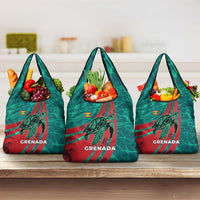 Grenada Sea Turtle Grocery Bag with Red Wave Stripes and Ocean Water Background - Wonder Print Shop