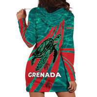 Grenada Sea Turtle Hoodie Dress with Red Wave Stripes and Ocean Water Background - Wonder Print Shop