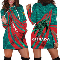 Grenada Sea Turtle Hoodie Dress with Red Wave Stripes and Ocean Water Background - Wonder Print Shop
