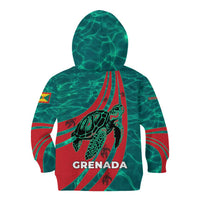 Grenada Sea Turtle Kid Hoodie with Red Wave Stripes and Ocean Water Background - Wonder Print Shop