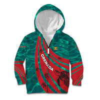Grenada Sea Turtle Kid Hoodie with Red Wave Stripes and Ocean Water Background - Wonder Print Shop