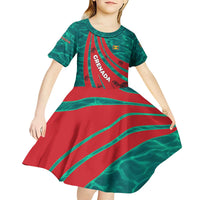 Grenada Sea Turtle Kid Short Sleeve Dress with Red Wave Stripes and Ocean Water Background - Wonder Print Shop