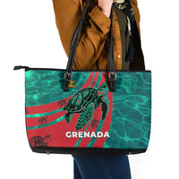 Grenada Sea Turtle Leather Tote Bag with Red Wave Stripes and Ocean Water Background - Wonder Print Shop