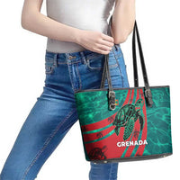 Grenada Sea Turtle Leather Tote Bag with Red Wave Stripes and Ocean Water Background - Wonder Print Shop
