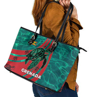 Grenada Sea Turtle Leather Tote Bag with Red Wave Stripes and Ocean Water Background - Wonder Print Shop