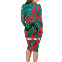 Grenada Sea Turtle Long Sleeve Bodycon Dress with Red Wave Stripes and Ocean Water Background - Wonder Print Shop