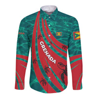 Grenada Sea Turtle Long Sleeve Button Shirt with Red Wave Stripes and Ocean Water Background - Wonder Print Shop