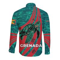 Grenada Sea Turtle Long Sleeve Button Shirt with Red Wave Stripes and Ocean Water Background - Wonder Print Shop