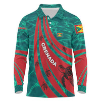 Grenada Sea Turtle Long Sleeve Polo Shirt with Red Wave Stripes and Ocean Water Background - Wonder Print Shop