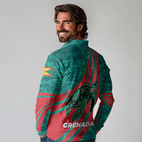 Grenada Sea Turtle Long Sleeve Polo Shirt with Red Wave Stripes and Ocean Water Background - Wonder Print Shop