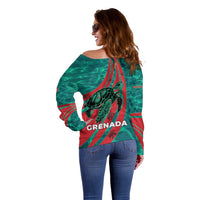 Grenada Sea Turtle Off Shoulder Sweater with Red Wave Stripes and Ocean Water Background - Wonder Print Shop