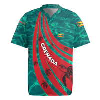 Grenada Sea Turtle Rugby Jersey with Red Wave Stripes and Ocean Water Background - Wonder Print Shop
