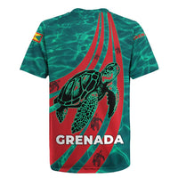 Grenada Sea Turtle Rugby Jersey with Red Wave Stripes and Ocean Water Background - Wonder Print Shop