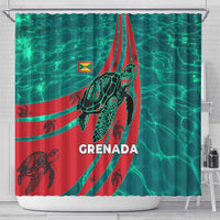 Grenada Sea Turtle Shower Curtain with Red Wave Stripes and Ocean Water Background - Wonder Print Shop