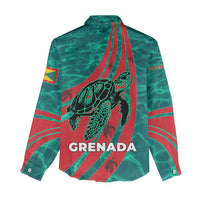 Grenada Sea Turtle Women Casual Shirt with Red Wave Stripes and Ocean Water Background - Wonder Print Shop