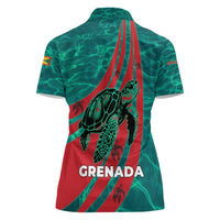 Grenada Sea Turtle Women Polo Shirt with Red Wave Stripes and Ocean Water Background - Wonder Print Shop