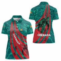 Grenada Sea Turtle Women Polo Shirt with Red Wave Stripes and Ocean Water Background - Wonder Print Shop
