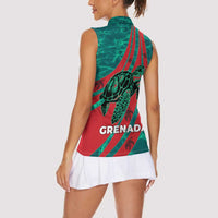Grenada Sea Turtle Women Sleeveless Polo Shirt with Red Wave Stripes and Ocean Water Background - Wonder Print Shop