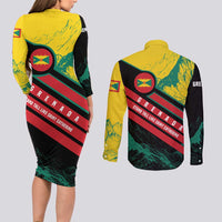 Grenada Mountain Graphic Couples Matching Long Sleeve Bodycon Dress and Long Sleeve Button Shirt with National Flag and Saint Catherine Quote Design - Wonder Print Shop