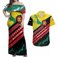 Grenada Mountain Graphic Couples Matching Off Shoulder Maxi Dress and Hawaiian Shirt with National Flag and Saint Catherine Quote Design - Wonder Print Shop