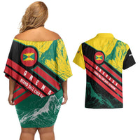 Grenada Mountain Graphic Couples Matching Off Shoulder Short Dress and Hawaiian Shirt with National Flag and Saint Catherine Quote Design - Wonder Print Shop