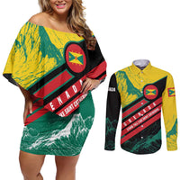 Grenada Mountain Graphic Couples Matching Off Shoulder Short Dress and Long Sleeve Button Shirt with National Flag and Saint Catherine Quote Design - Wonder Print Shop