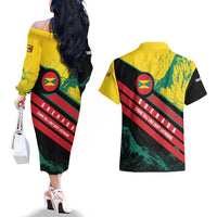 Grenada Mountain Graphic Couples Matching Off The Shoulder Long Sleeve Dress and Hawaiian Shirt with National Flag and Saint Catherine Quote Design - Wonder Print Shop