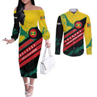 Grenada Mountain Graphic Couples Matching Off The Shoulder Long Sleeve Dress and Long Sleeve Button Shirt with National Flag and Saint Catherine Quote Design - Wonder Print Shop