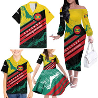 Grenada Mountain Graphic Family Matching Off The Shoulder Long Sleeve Dress and Hawaiian Shirt with National Flag and Saint Catherine Quote Design - Wonder Print Shop
