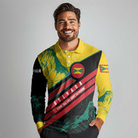 Grenada Mountain Graphic Long Sleeve Polo Shirt with National Flag and Saint Catherine Quote Design - Wonder Print Shop