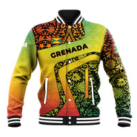 Grenada Tribal Floral Pattern Baseball Jacket with Rasta Gradient and Flame Motto Design - Wonder Print Shop