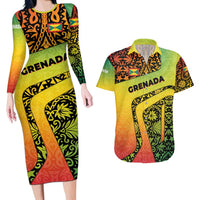 Grenada Tribal Floral Pattern Couples Matching Long Sleeve Bodycon Dress and Hawaiian Shirt with Rasta Gradient and Flame Motto Design - Wonder Print Shop