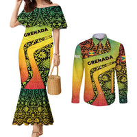 Grenada Tribal Floral Pattern Couples Matching Mermaid Dress and Long Sleeve Button Shirt with Rasta Gradient and Flame Motto Design - Wonder Print Shop